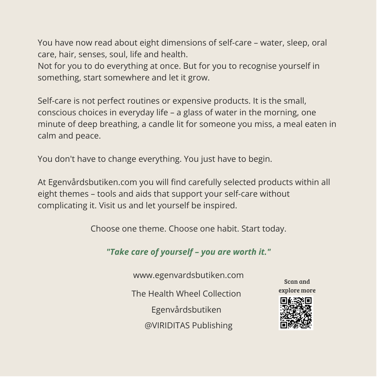 Your Guide – Self-Care for Real, back cover with QR code to The Health Wheel Collection.