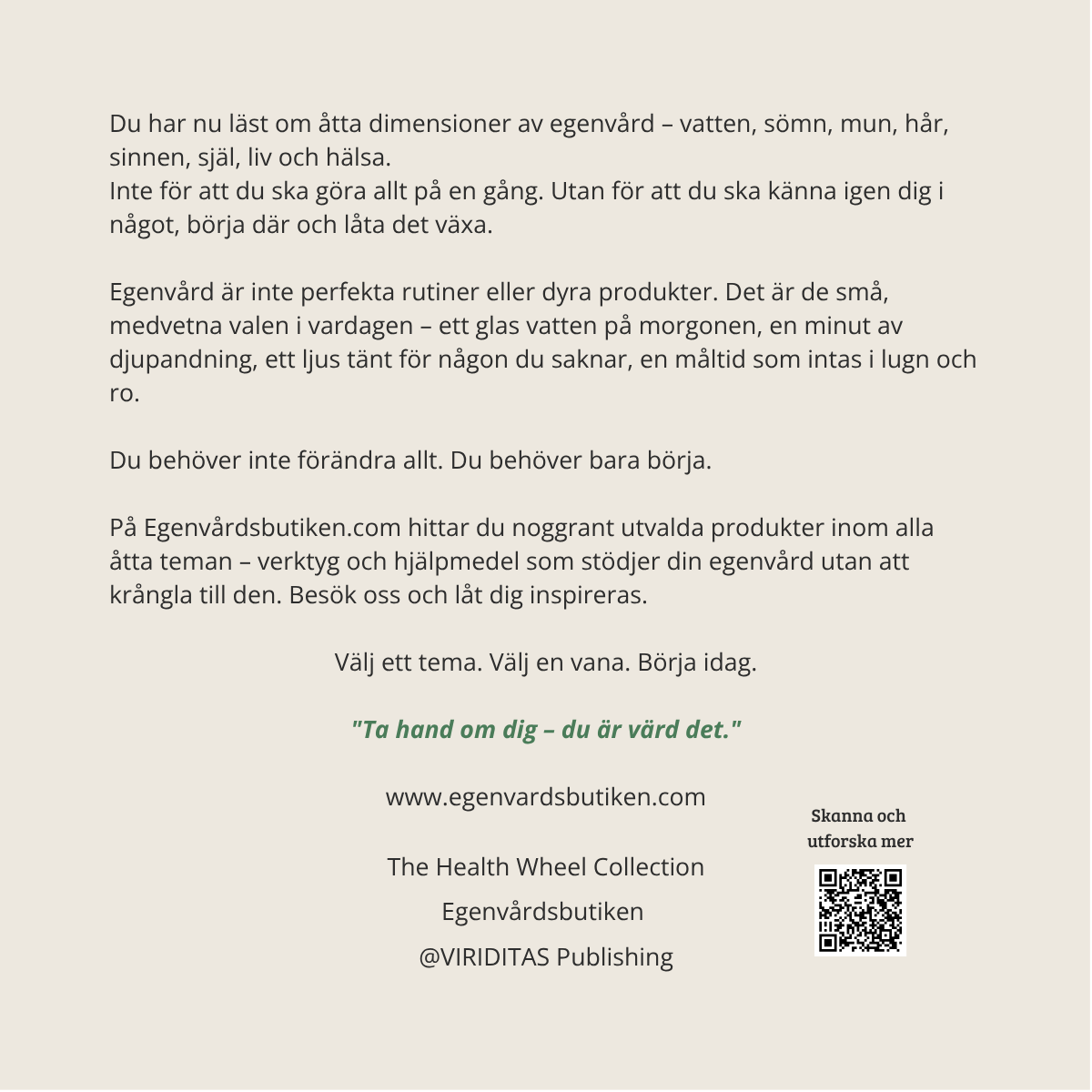 Din Guide – Egenvård på riktigt, baksida med QR-kod till The Health Wheel Collection.