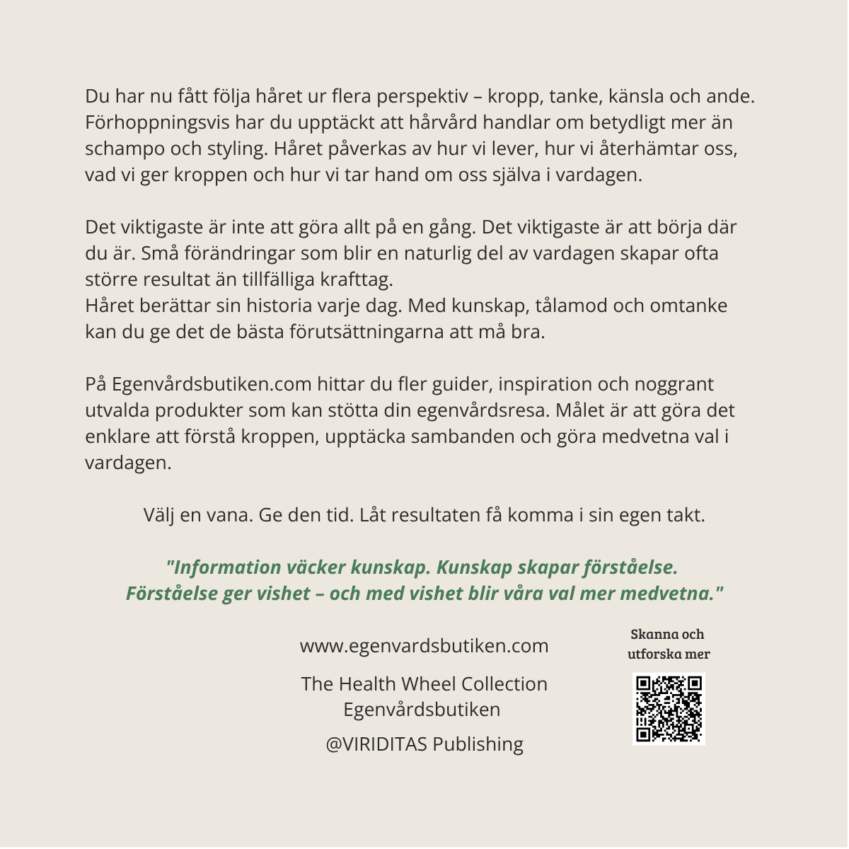 Din Guide – Hårvård på riktigt, baksida med QR-kod till The Health Wheel Collection.