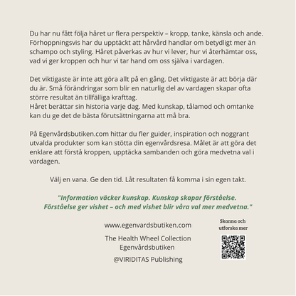 Din Guide – Hårvård på riktigt, baksida med QR-kod till The Health Wheel Collection.