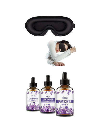 Kvällsro sömnkit bestående av 3D sovmask och lavendelolja och en sovande kvinna som bär sovmasken på en vit bakgrund