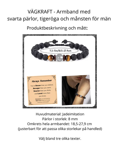VÄGKRAFT – Armband med svarta pärlor, tigeröga och månsten för män