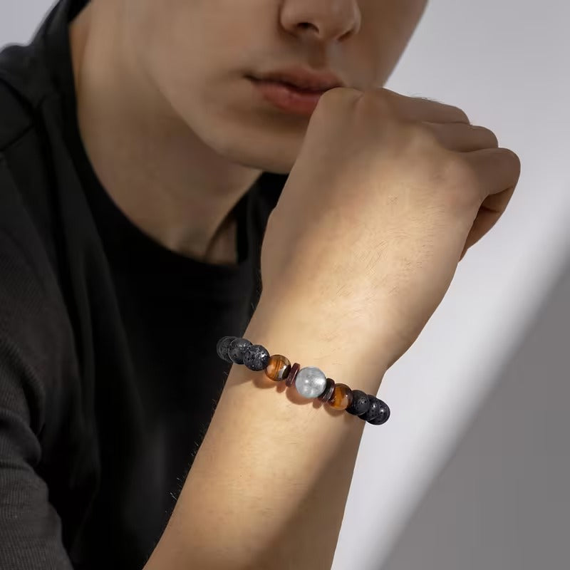 VÄGKRAFT – Armband med svarta pärlor, tigeröga och månsten för män