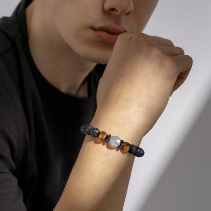 VÄGKRAFT – Armband med svarta pärlor, tigeröga och månsten för män