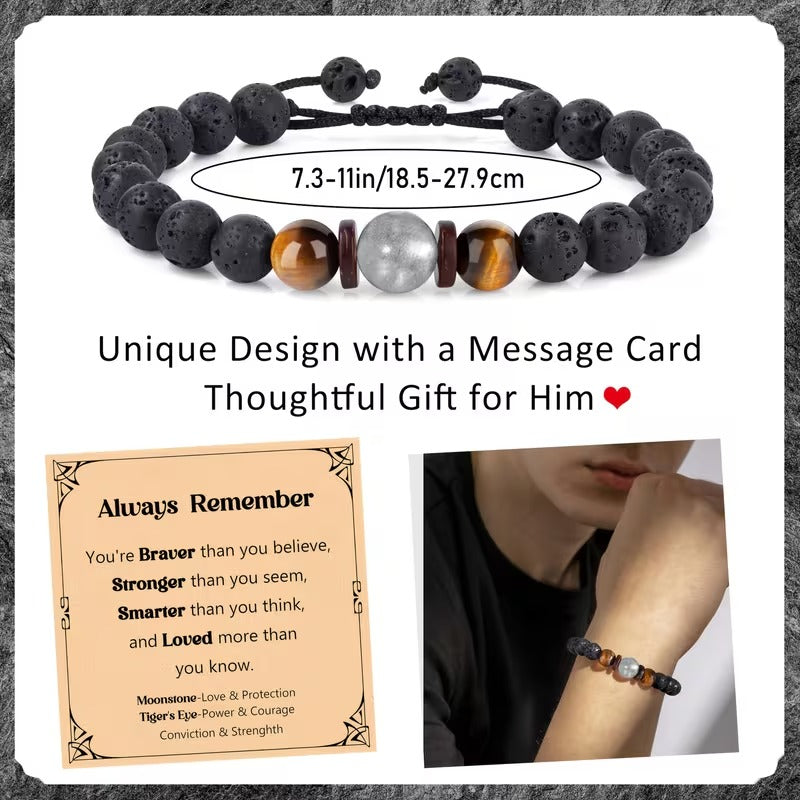 VÄGKRAFT- Armband med svarta pärlor, tigeröga och månsten för män