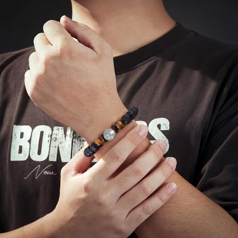 VÄGKRAFT – Armband med svarta pärlor, tigeröga och månsten för män