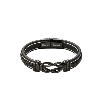 AlLLTID-herrarmband i flätat läder med evighetssymbol i metall och inskription -love you forever, mot en vit bakgrund.